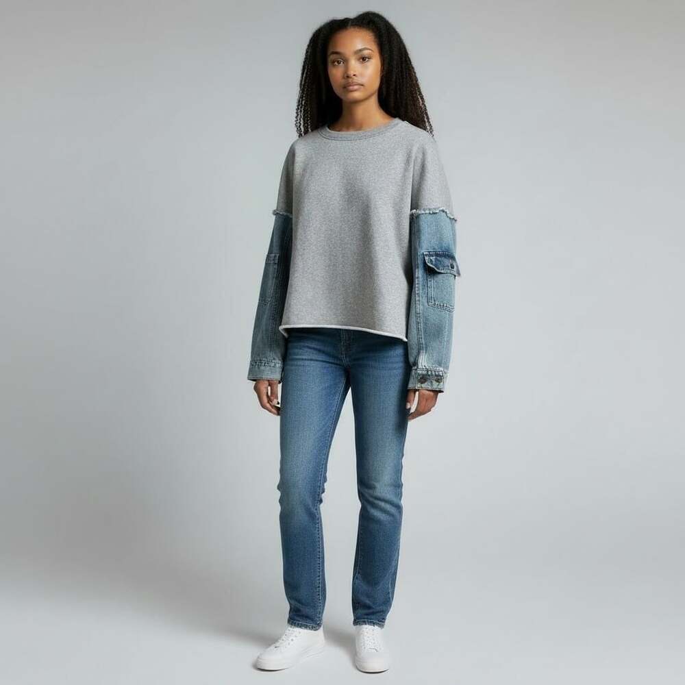 Women’s Boutique Grey Fleece & Denim Sleeve Crop Utility Top Edgy Size M